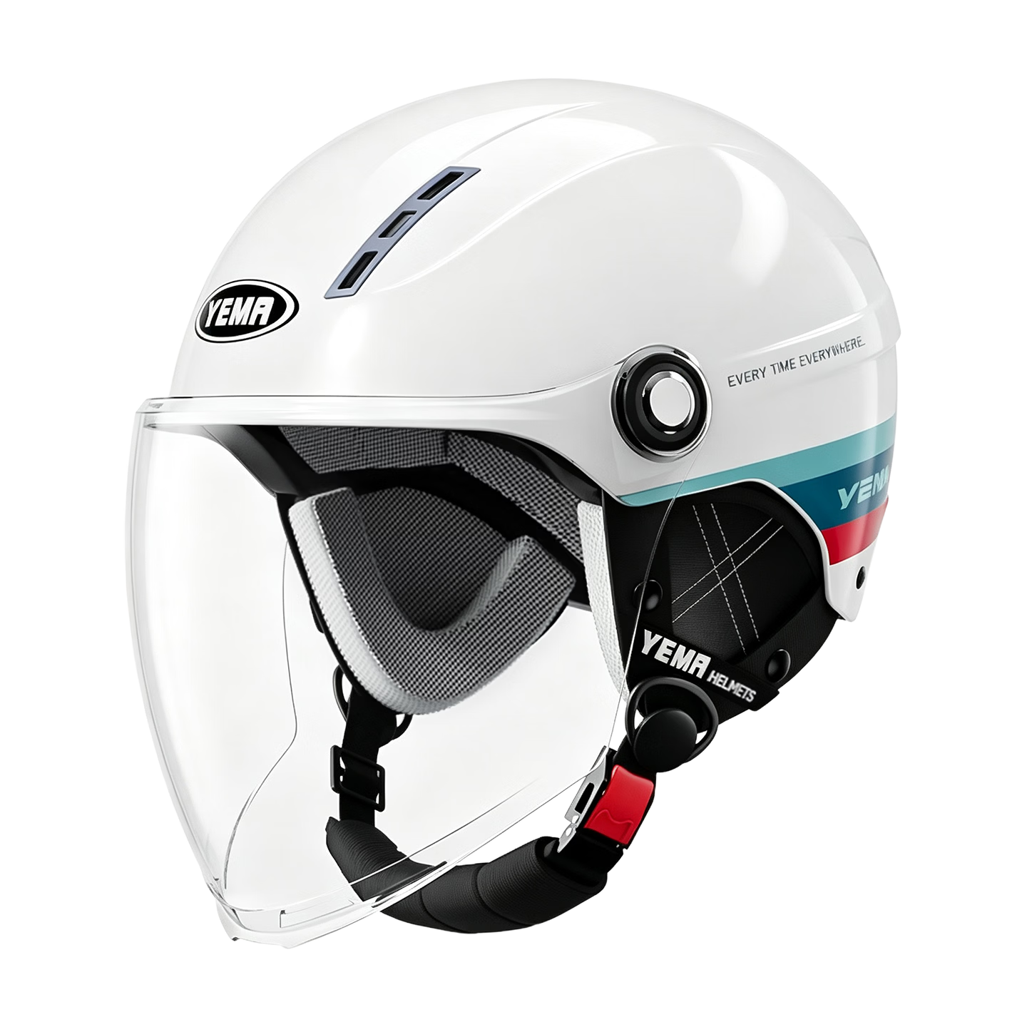 YEMA 3C Certified 359S Electric Motorcycle Helmet, Lightweight Half Helmet for Men And Women, Spring And Summer Style, Suitable for Electric Scooters, Safety Helmet for All Seasons, Ceramic White with Colorful Band And Transparent Long Visor