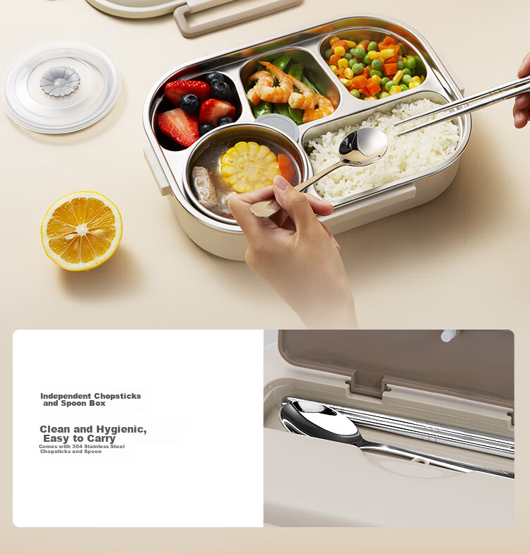 JD Jingzao Lunch Box 1.5L 304 Stainless Steel Microwave Safe Insulated Bento Box with 5 Compartments and Utensils for Students and Office Workers 14