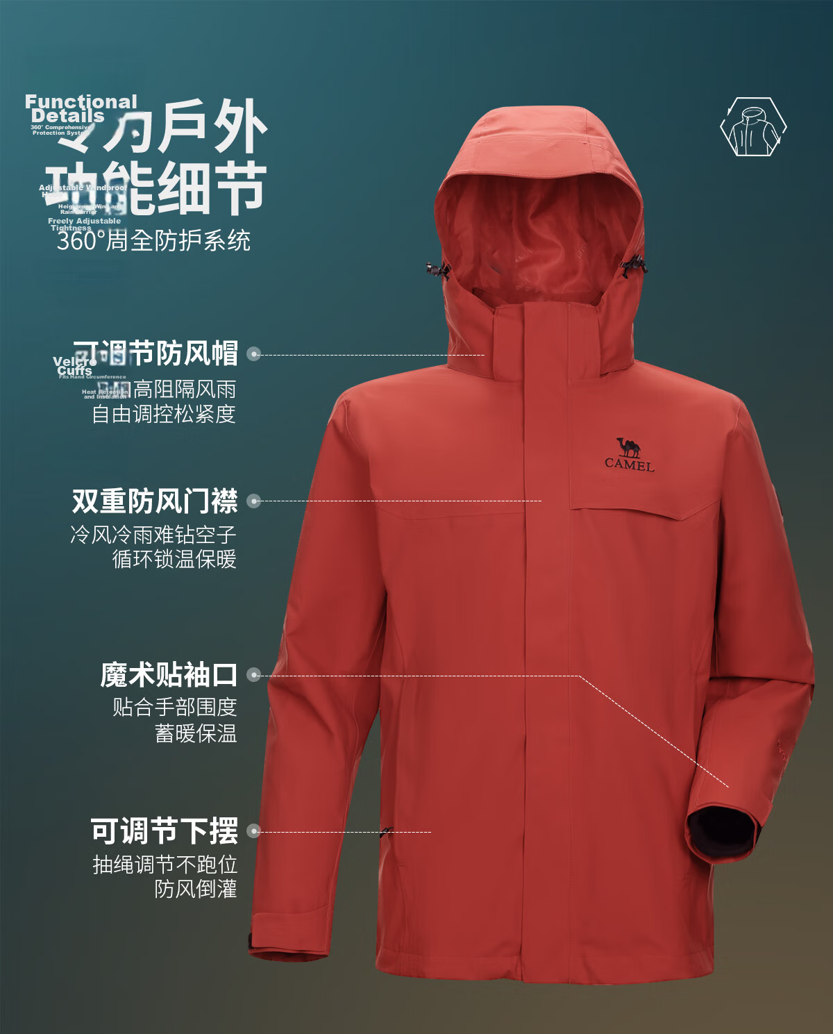 CAMEL Women's 3-in-1 Softshell Jacket Spring Summer Travel Windproof Waterproof Casual Coat 3