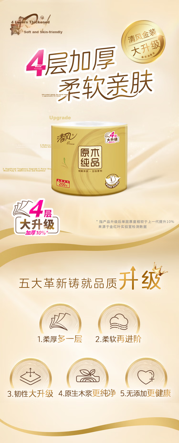 APP Core Roll Toilet Paper, Natural Wood Gold Edition, 4-Ply, 180g*27 Rolls, Bathroom Tissue, Boxed, Toilet Paper, Roll Paper 2