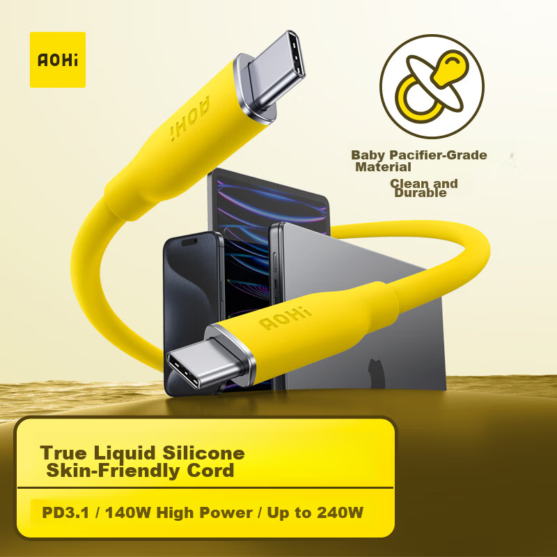 Aohi 140W Dual Type-C Liquid Silicone Skin-Friendly Fast Charging C to C Data Cable for iPhone 15/iPad/Mac/Huawei Xiaomi Android Phones 1m Yellow