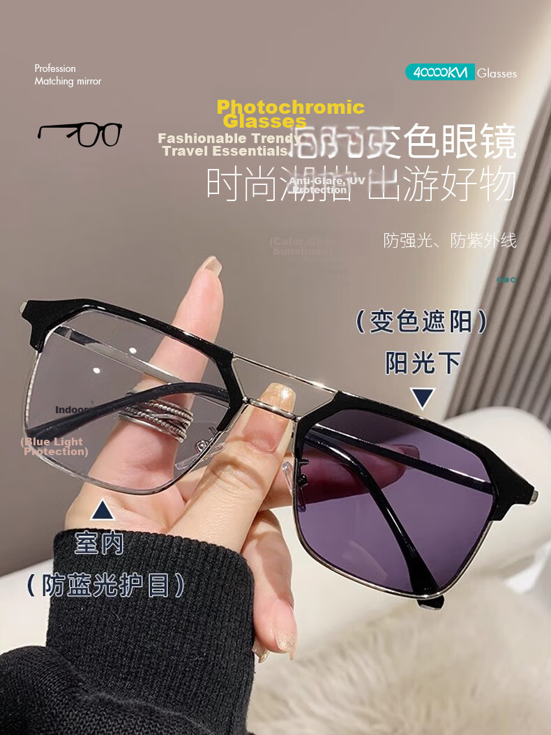40,000 KM Blue Light Blocking Photochromic Double Bridge Glasses Men Trendy Radiation Protection Non-Prescription Eyeglass Frames Compatible with Prescription Lenses 1