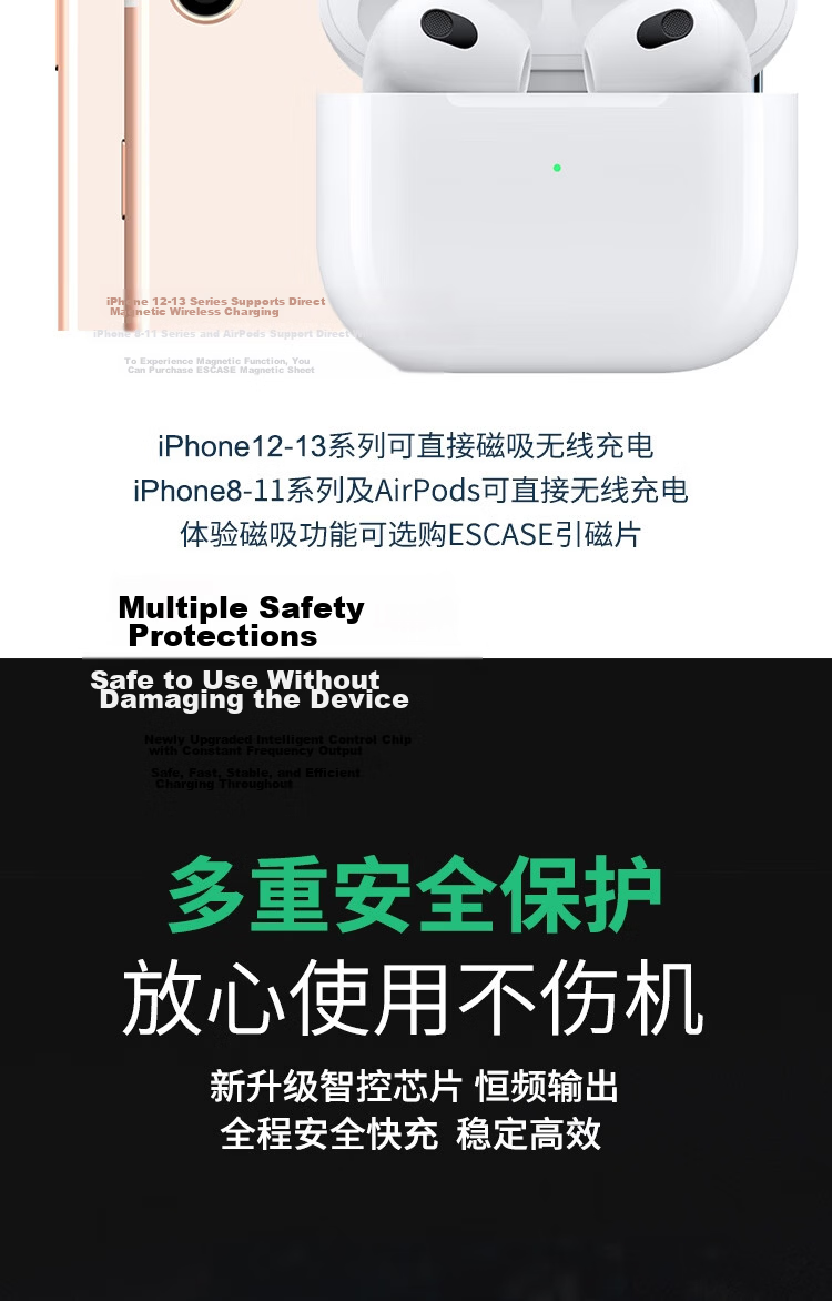 ESCASE Wireless Charger Magsafe Magnetic Charging Adapter for Huawei Mate60 Pro Apple iPhone 18 Pro AMX Phone Earphones AirPods 5/4/3 Pro 2nd Gen FM13 Pro 14