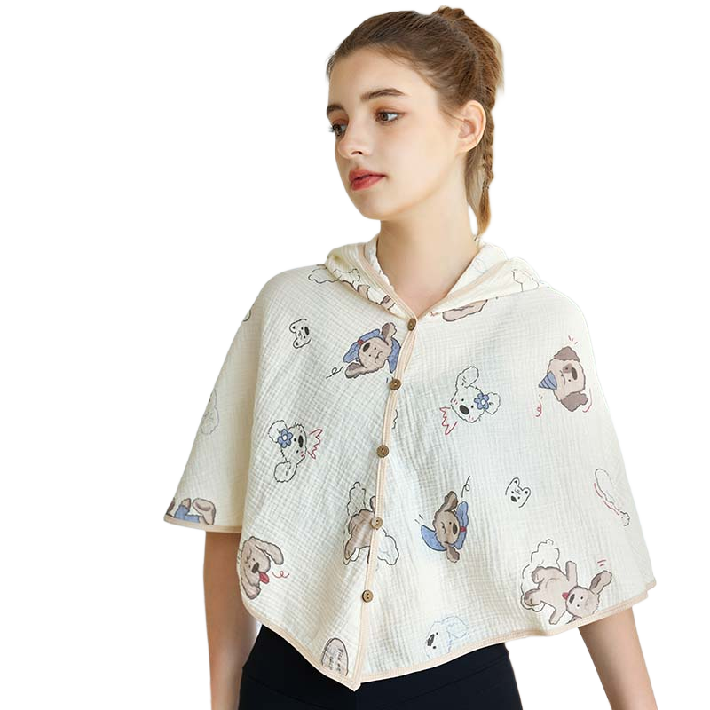 FENYE Postpartum Shoulder Warmer Gauze Shawl Maternity Nursing Cold Protection Cape with Puppy Print