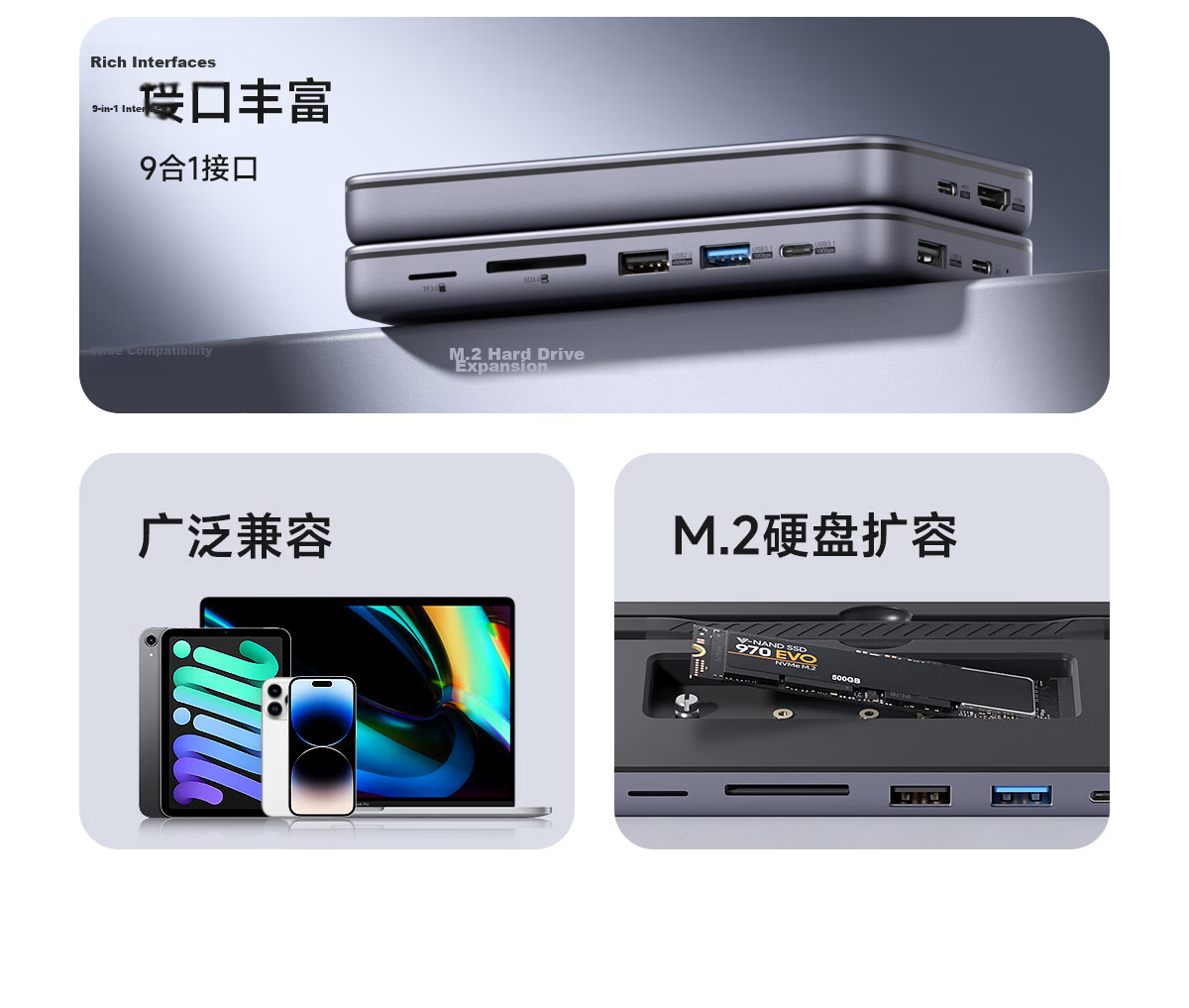 Haibaisi Hard Drive Enclosure Docking Station Type-C USB Multi-Port Hub HDMI Adapter Thunderbolt 4 Compatible with Apple MacBook M.2 Expansion 5