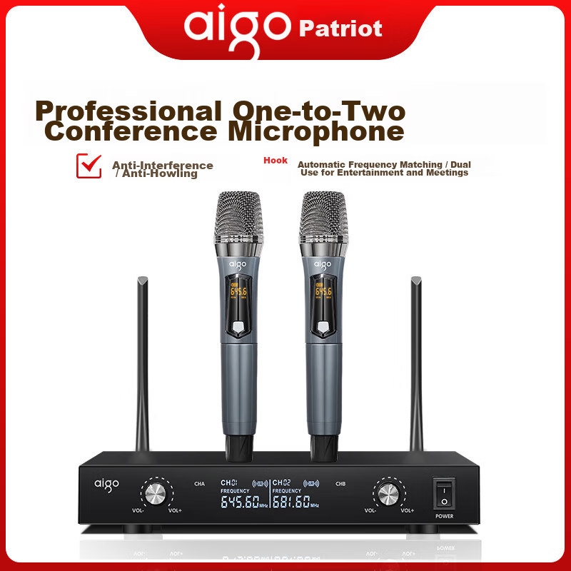 Aigo K53 Wireless Handheld Microphone Dual Receiver UHF Conference Home Stage Anti-Interference Feedback Suppression Professional Speech Training Broadcast Wedding Performance