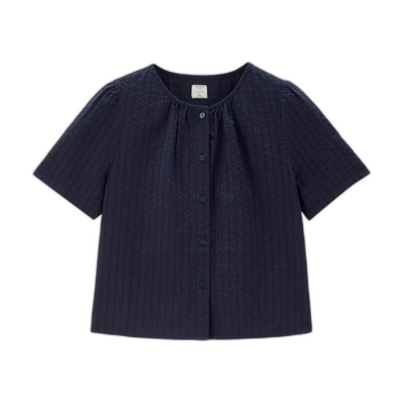 Giordano Women's Textured Cotton Dark Stripe French Collar Commuter Short Sleeve Shirt 05345477