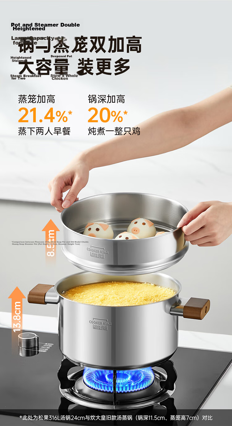 Chuida Huang 316L Stainless Steel Soup Pot Baby Food Supplement Pot Stew Pot Steamer Double Handle Porridge and Noodle Cooking Pot 24cm 7