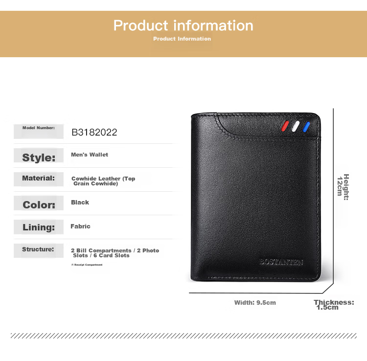 BOSTANTEN Men's Genuine Leather Business Short Wallet Multi-functional Money Clip Vertical Casual Contrast Color Zipper Student Card Holder Men 5