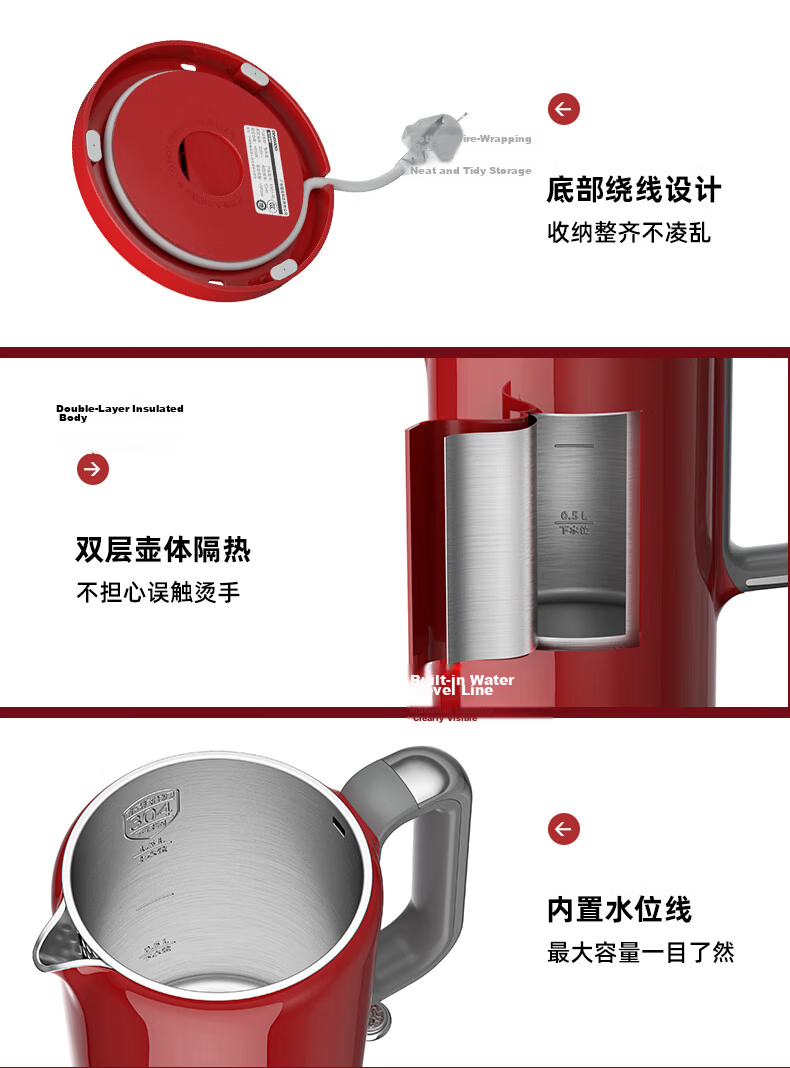 DAEWOO Retro Electric Kettle, Constant Temperature Water Kettle for Home Use, Hot Water Kettle, Insulated And Temperature-Controlled Milk Maker, Stainless Steel, 1.5L Large Capacity, Gift-Giving, EK01 Red Electronic Model 20