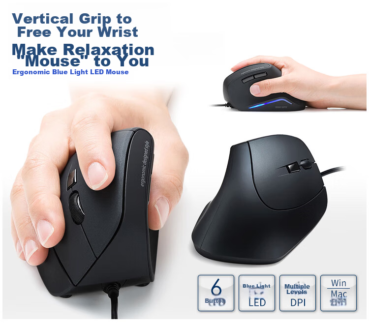 SANWA Mid-Hand Wireless Bluetooth Dual-Mode Mouse Ergonomic Vertical Grip Silent Office Gaming Rechargeable Blue Light LED Adjustable DPI 6-Button Matte 1