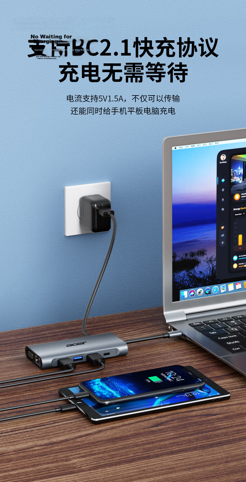 Acer Type-C Expansion Dock, USB-C to HDMI Converter, 4K60Hz Screen Mirroring, USB3.0 Hub, Gigabit Ethernet Port, PD Charging Expansion Dock, Nine-I 10