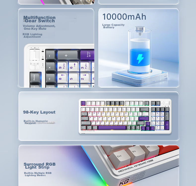 Mechanic KG98 Three-Mode Custom Mechanical Keyboard Wireless Bluetooth Wired Gaming Office Keyboard HIFI Typing Sound RGB Lighting 98 Keys GR Silver Switch Classic Blue 4