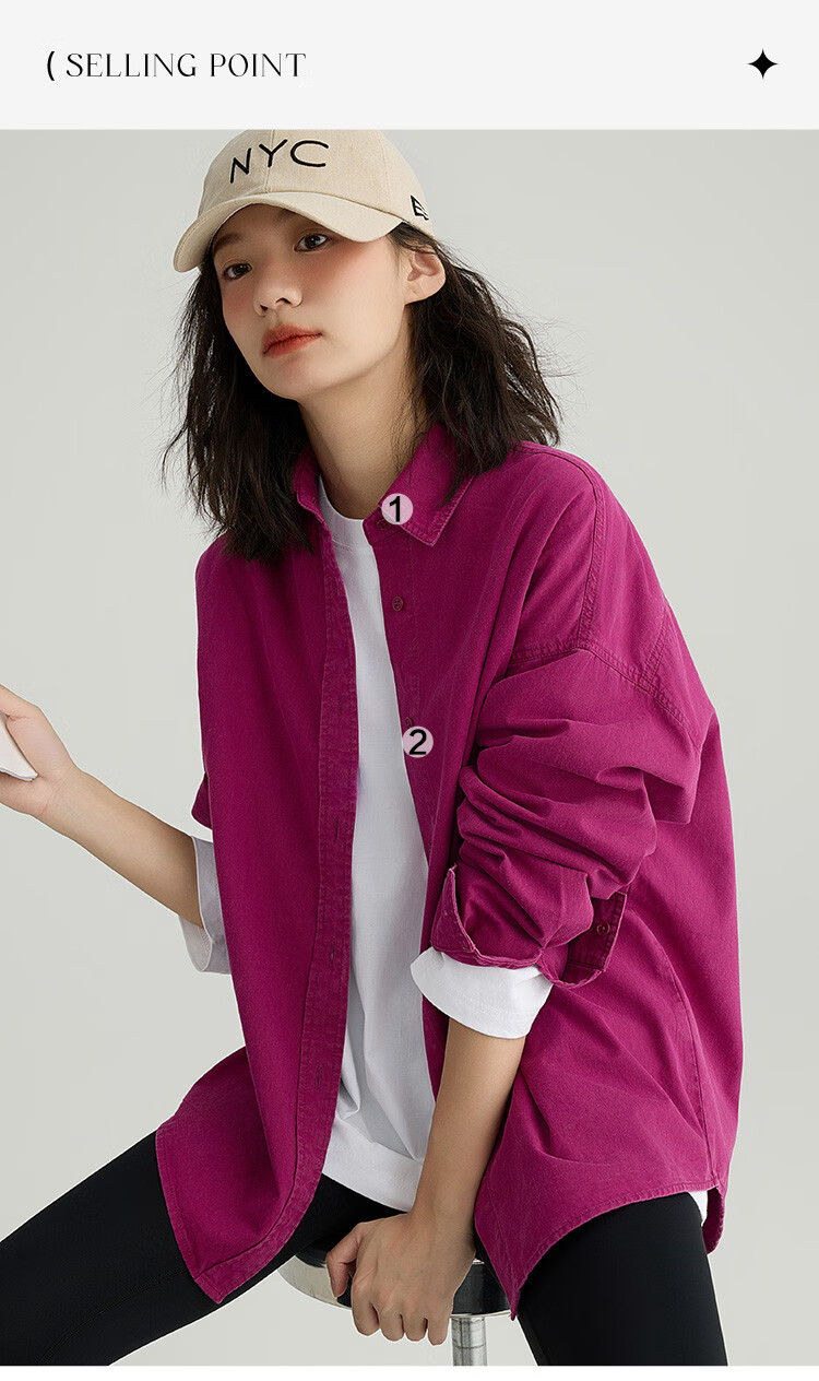 Dme Vintage Washed Spring Elegant Magenta Loose Fit Turndown Collar Long Sleeve Blouse for Women, Purple-Red, Size M 5