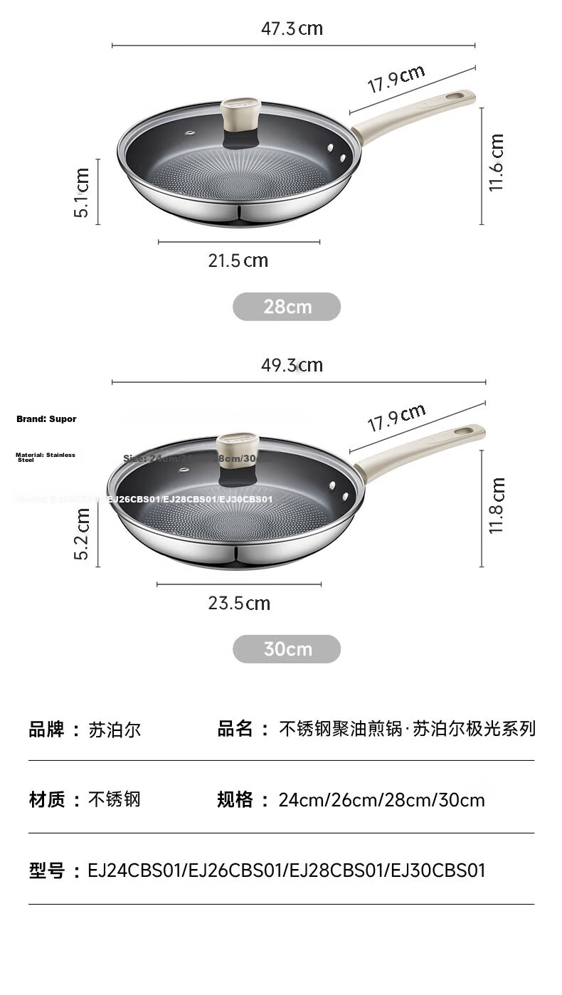 SUPOR Titanium Non-Stick Skillet, Flat Bottom Pan for Steak Frying, Lightweight Oil-Gathering Bottom, Stainless Steel Compatible with Induction Cookers EJ26CBS01 17