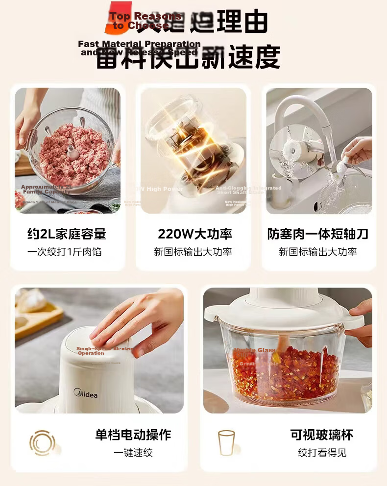 Midea Electric Meat Grinder Household Stainless Steel Dual Titanium Blades Multifunctional Meat and Vegetable Mincer 2L JC14B 3