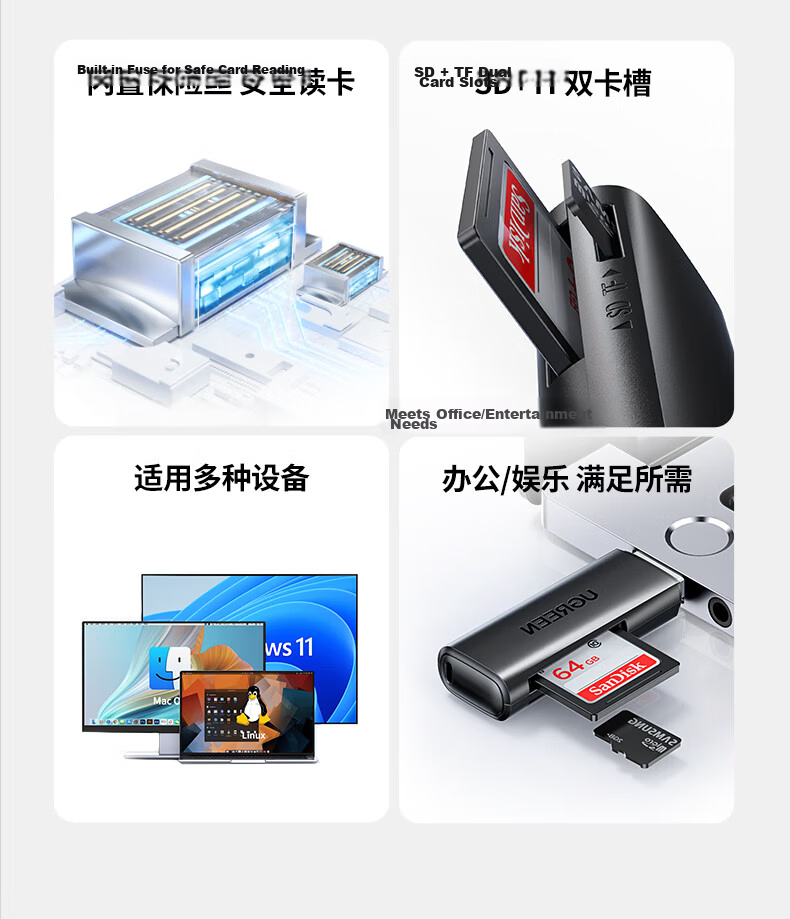 UGREEN USB 3.0 High-Speed Card Reader, Multifunctional SD/TF Dual-In Compatible with Computers, DSLR Cameras, Dash Cams, Security Monitoring Storage Memory Cards, Multiple Card Readers 3