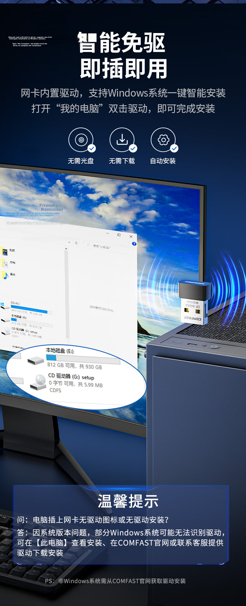 COMFAST WiFi6 Driver-Free Mini USB Wireless Adapter Desktop Laptop External WiFi Receiver Transmitter Multi-System Compatible 4
