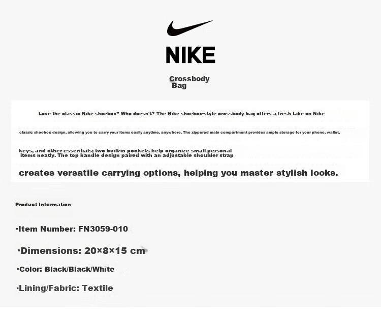 NIKE Unisex Shoulder Bag/Crossbody Shoe Box Bag Casual Bag FN3059-010 Black and White One Size 1