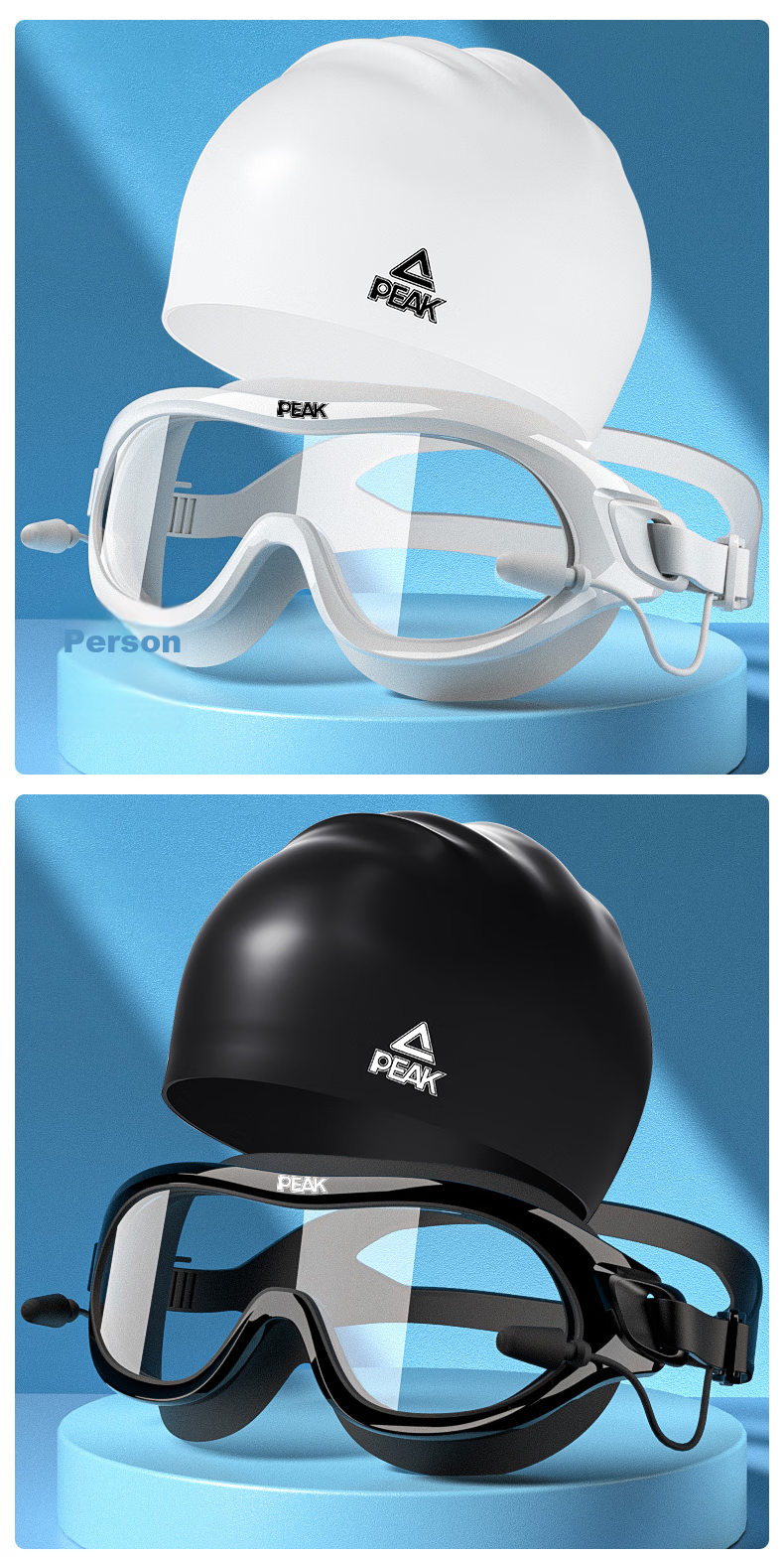PEAK High-Definition Anti-Fog Waterproof Large Frame Integrated Earplugs for Men And Women, Adult Swimming Goggles, Large Frame for Myopia up to 250 Degrees, Black 10