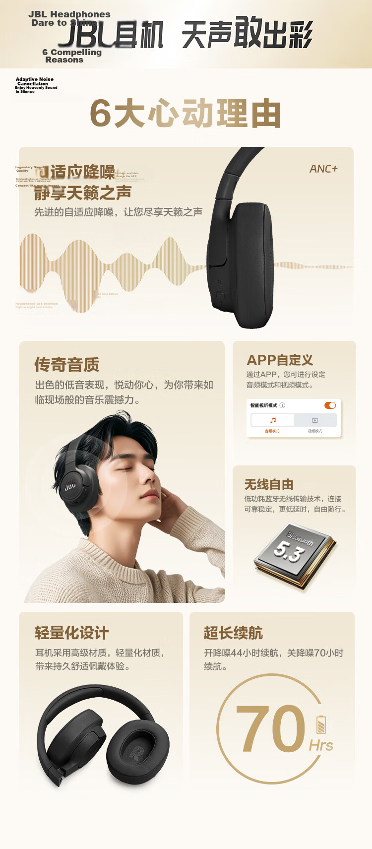 JBL TUNE770NC Over-Ear Wireless Bluetooth Headphones ANC Active Noise Cancelling Long Battery Life Universal for Phone Music Gaming White 3