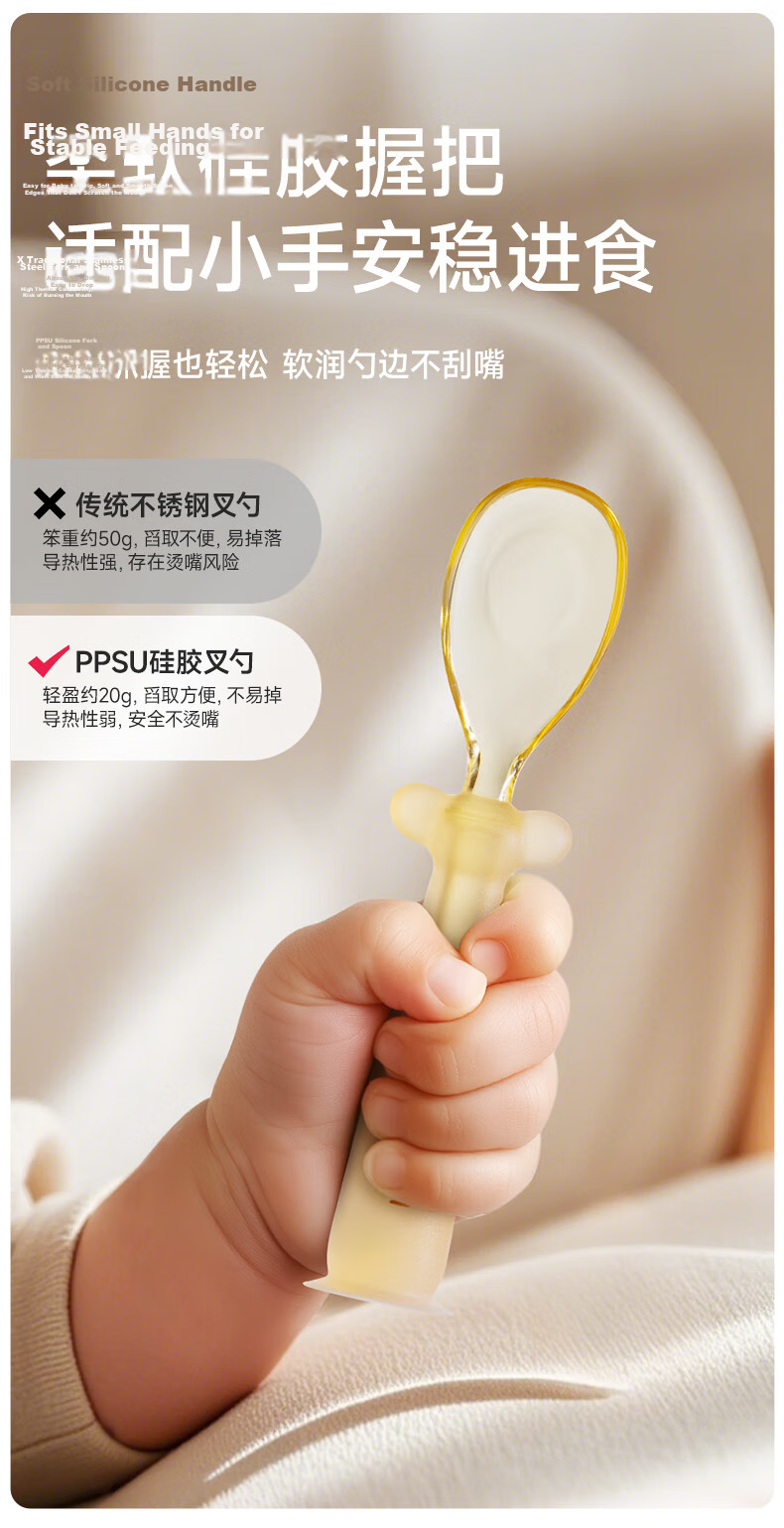 LUSN PPSU Baby Spoon, Self-Feeding Spoon for Learning to Eat, Training Spoon for Eating, Children's Supplementary Food Utensils, Yuanbao Fork And Spoo 6