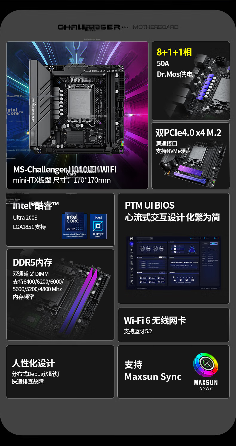 MAXSUN MS-Challenger H610 ITX 2LAN Motherboard, Supports CPU 12100/12400F/13400 (INTEL H610/LGA 1700) 2