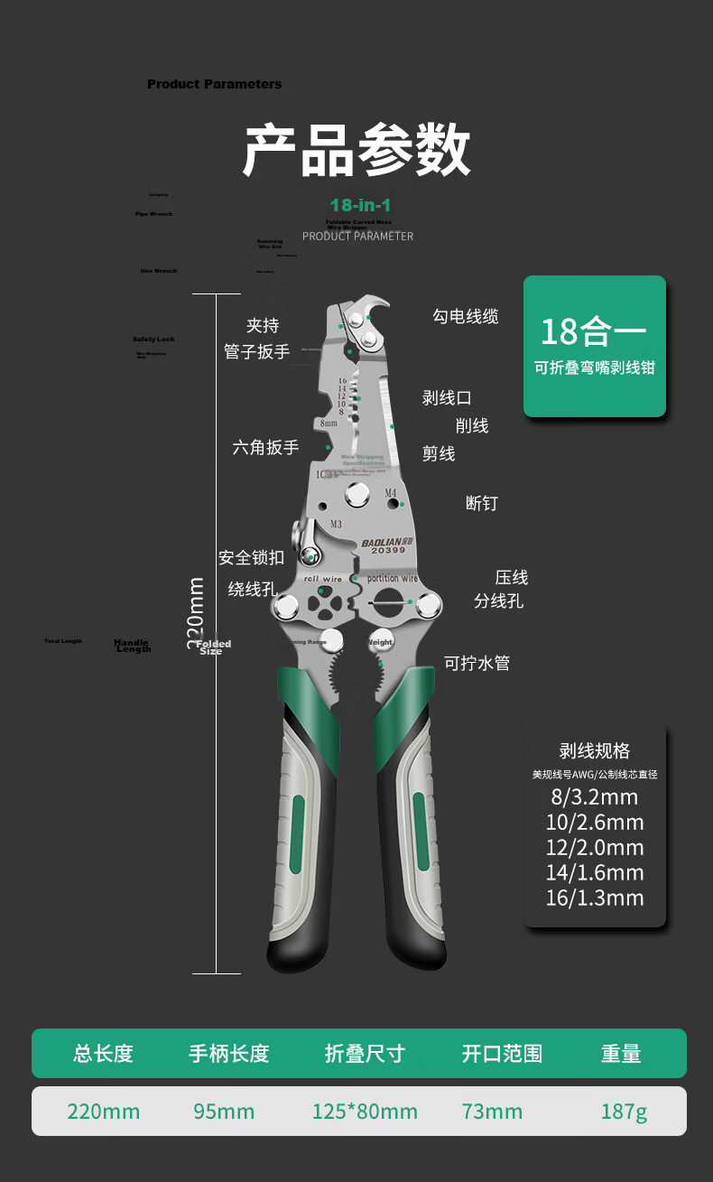Baolian 16-in-1 Multifunctional Wire Stripper Pliers Electrician Wire Pulling and Cutting Pliers Wire Twisting and Crimping Tool 14