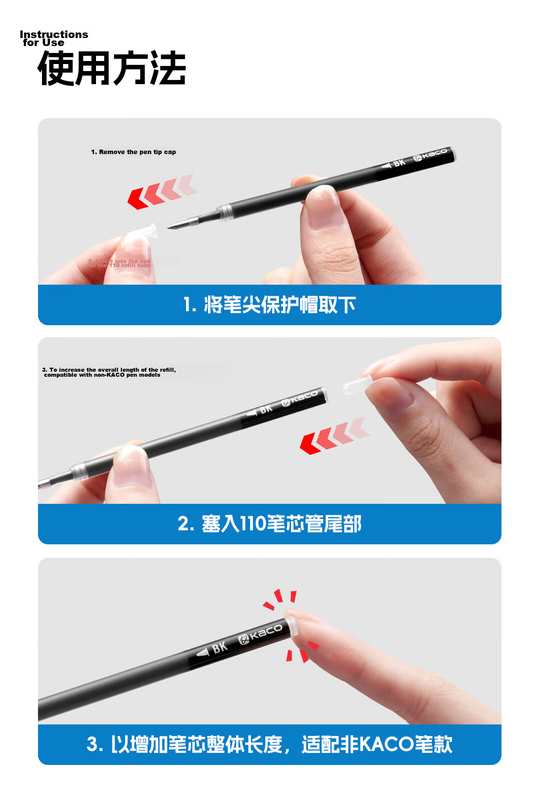KACO Large Capacity Neutral Pen Refills, 0.5mm, Blue-Black (Bullet Tip), 5 Pieces in OPP Bag 14