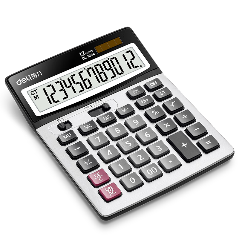 Deli Dual Power Wide Screen Large Metal Panel Desktop Calculator Financial Accounting Office Stationery Silver Gray 1654