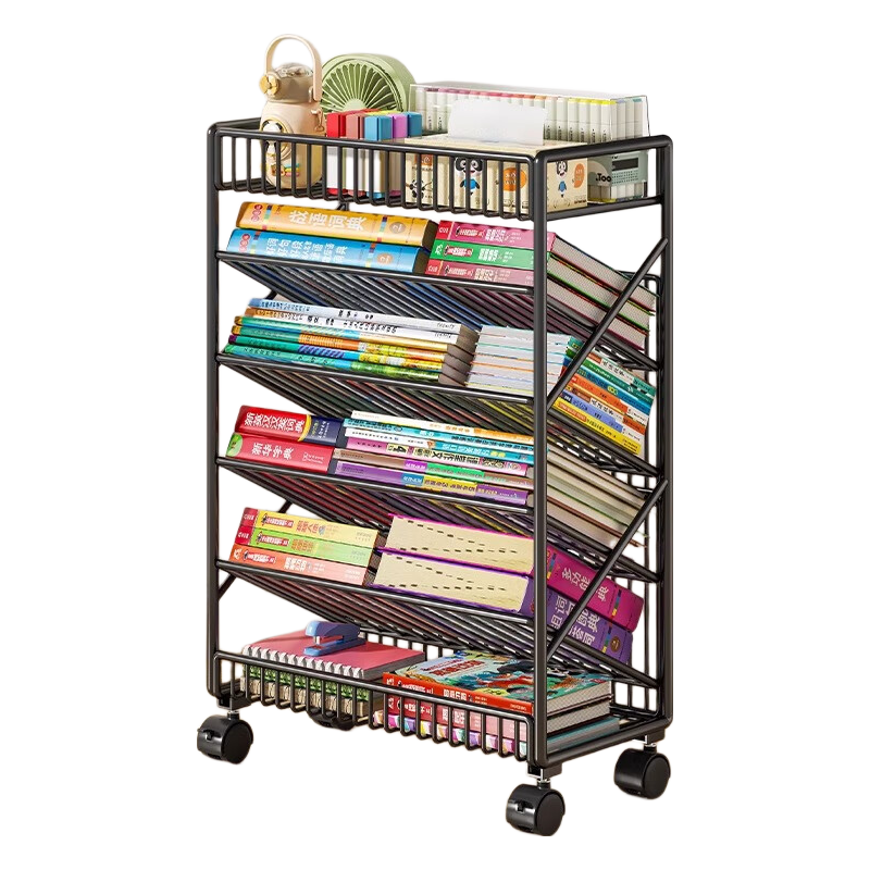Milin Mobile Desk Side Storage Bookshelf, Classroom Desk Organizer with Wheels for Students' Books, Six-Tier Black Shelf
