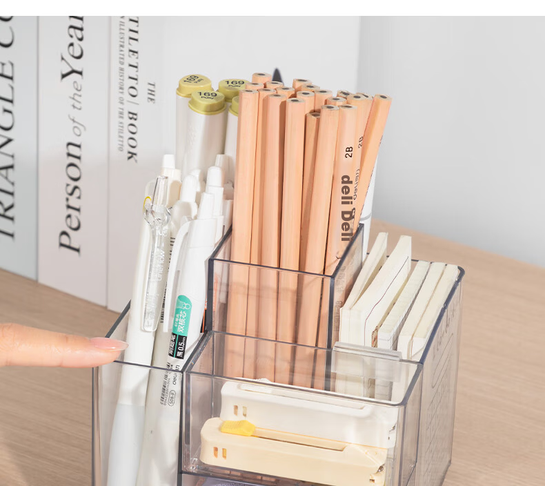 Deli Creative Rotating Pen Holder Simple Multifunctional Large Capacity Desk Organizer Storage Box Transparent PK200 5
