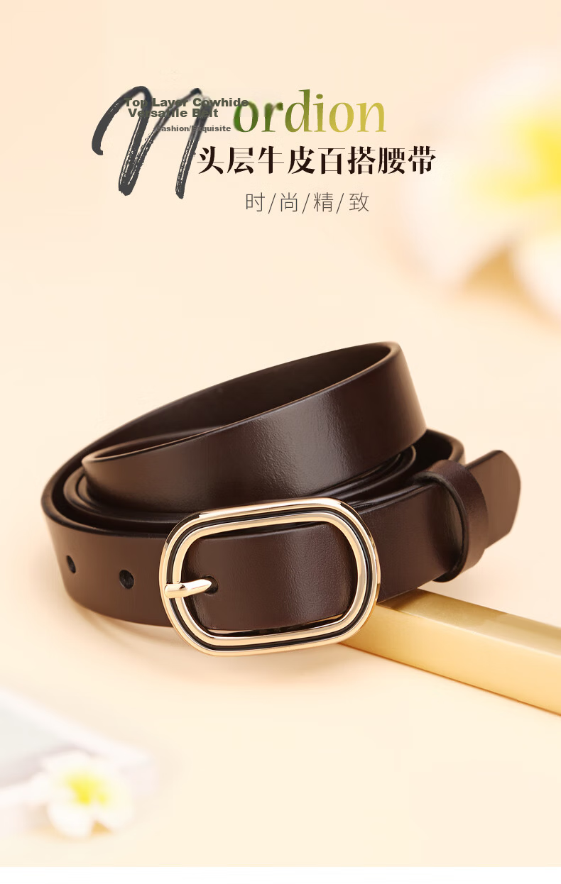 Cattlesboss Women's Belt, Top-Grain Leather, Round Buckle Decoration, Slim Waistband, Simple And Fashionable, Versatile, 5316, Black, 100cm 1