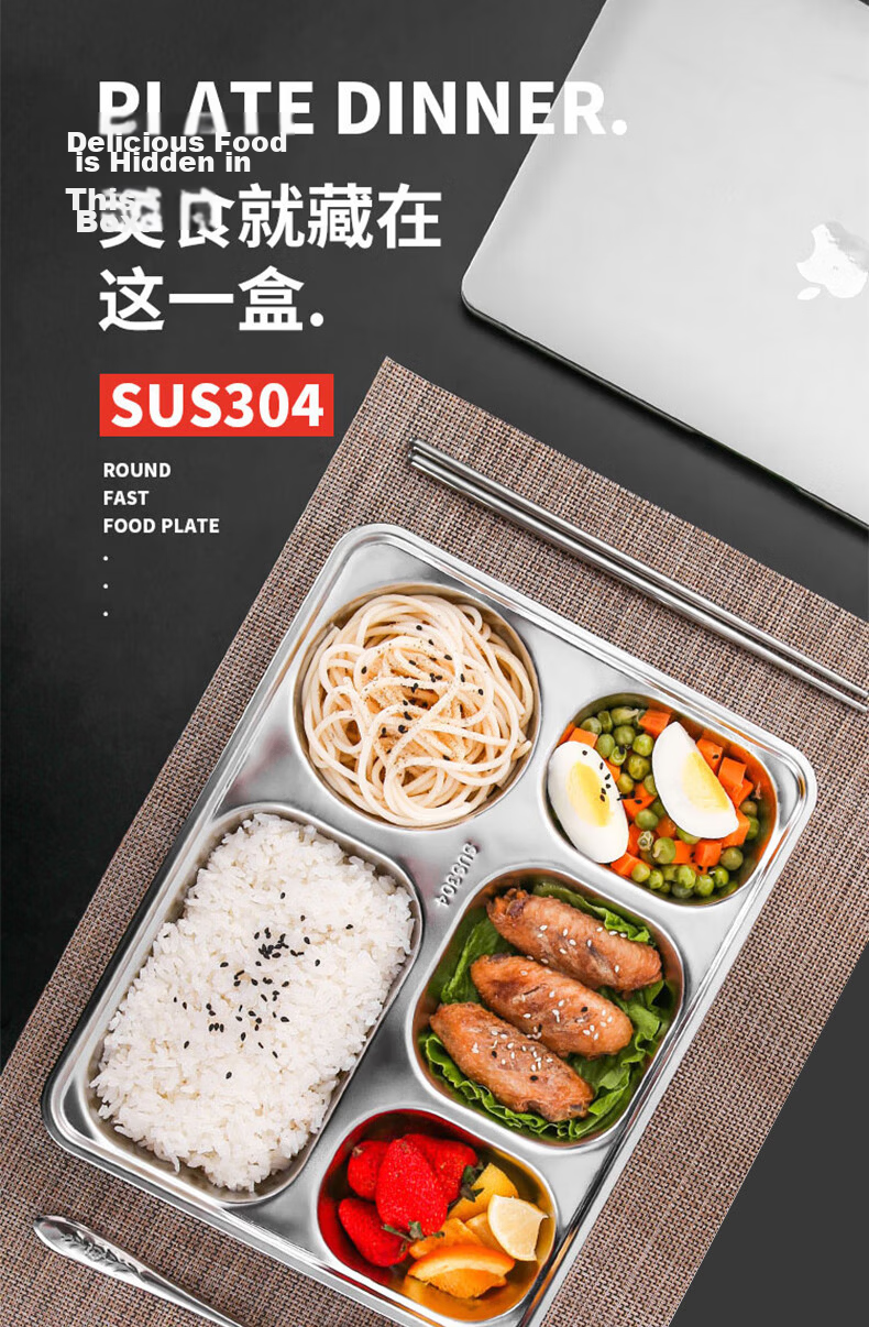 MENGTING 304 Stainless Steel Deep And Thick Four-Compartment Plate, Serving Tray for School Cafeteria, Fast Food Plate 1