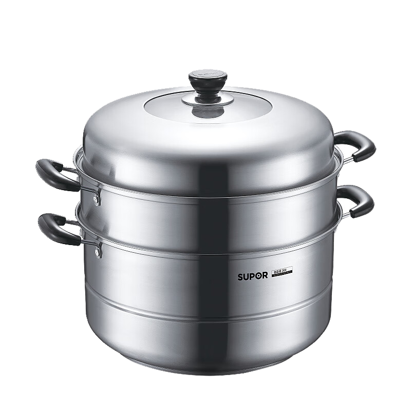 SUPOR 34cm 304 Stainless Steel Steamer Pot with High Dome Lid, Three-Layer Composite Bottom, Visible Steaming Fish Soup Pot SZ34B17