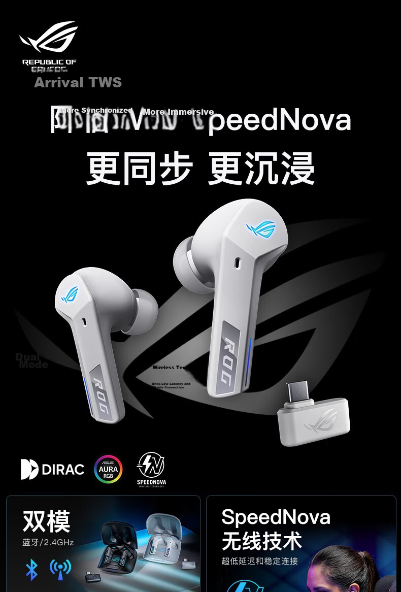 ROG TWS Speednova True Wireless In-Ear Gaming Headphones, Bluetooth Wireless Gaming Phone Accessory, Sports Earphones, Active Noise Cancellation, White, Delta 1
