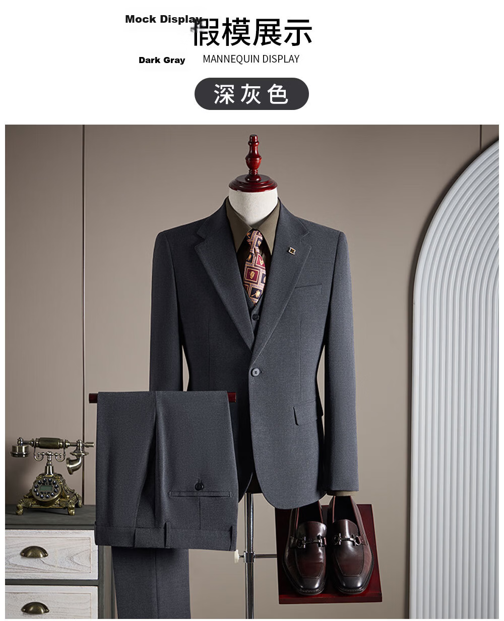 ROMON Men's Business Suit Set Blazer + Vest + Trousers Light Gray XL 15