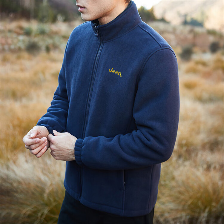 JEEP Men's Jacket, Trendy Simple Stand-Collar Fleece Jacket with Embroidery, Men's Fleece Coat 085, Black, M 15