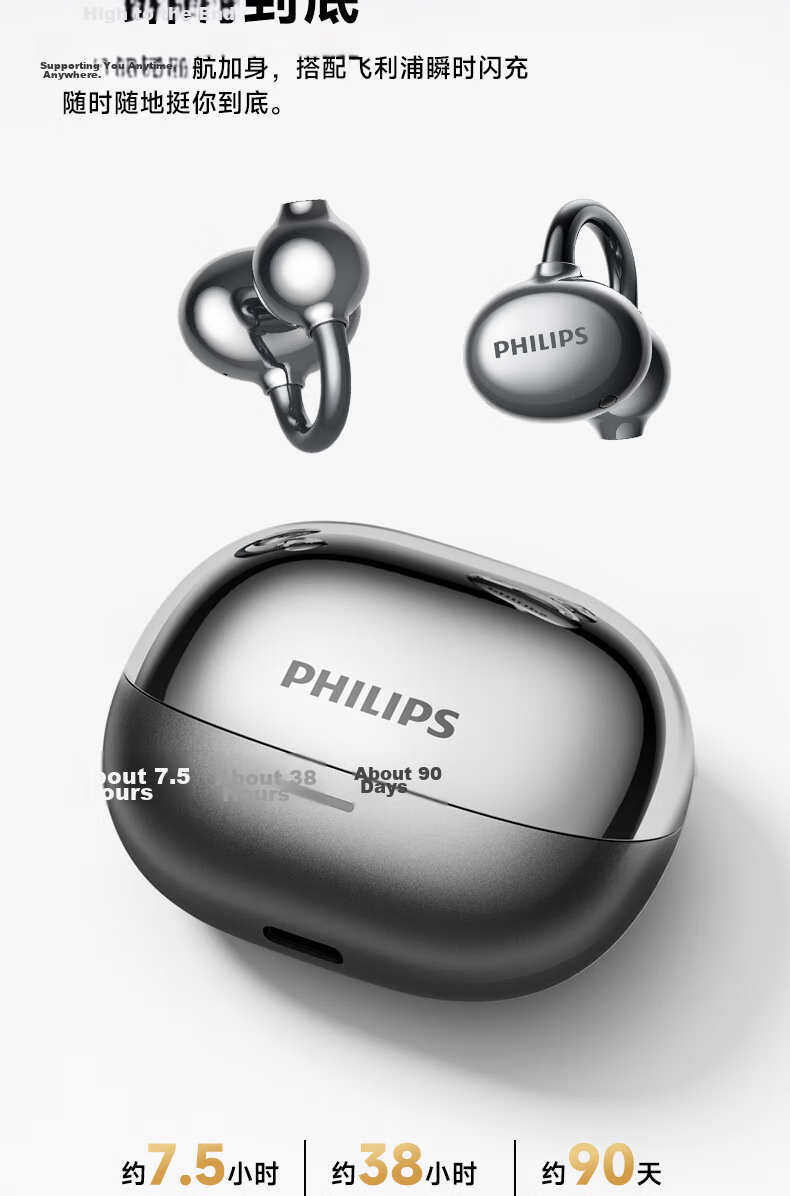 PHILIPS Bluetooth Headphones, Clip-On Wireless Open-Ear Bone Conduction Concept, Not In-Ear, for Sports Running Calls Noise Reduction, Suitable for Huaqiangbei Bluetooth Earphones TAT3469-Black 18