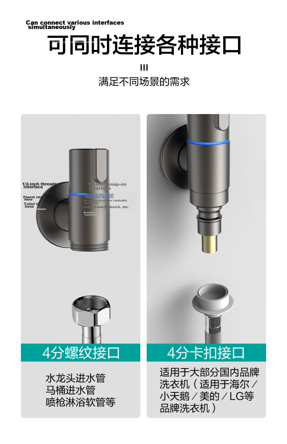 MICOE Washing Machine Faucet 4 Stainless Steel Angle Valve Tap Auto Shut-off M-SZ04K-1 (Gun Gray) 10