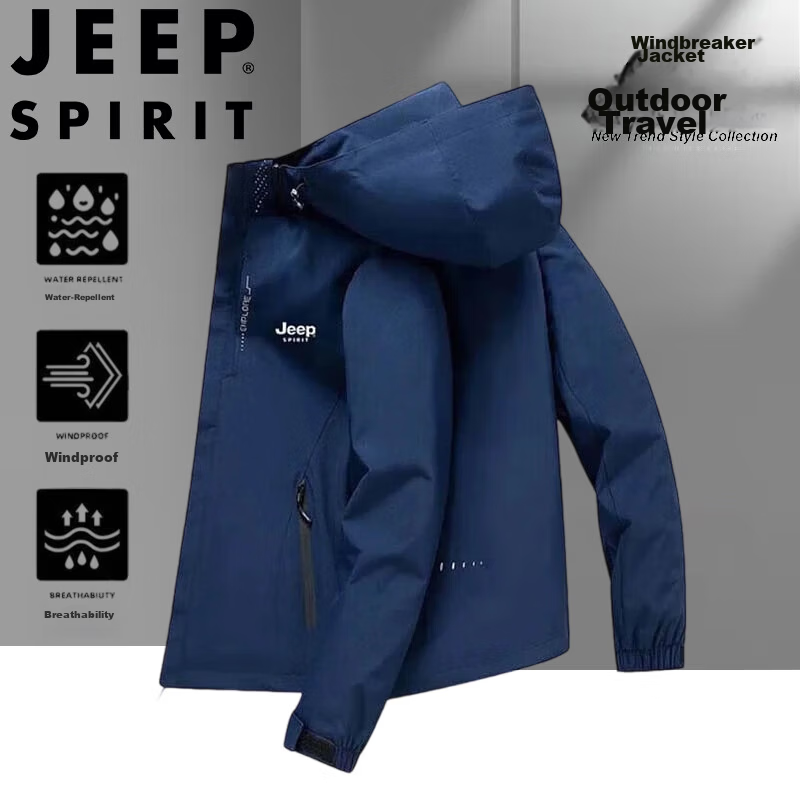 JEEP SPIRIT Men's Spring Autumn Jacket Hooded Sports Outdoor Mountaineering Coat Dark Blue 2XL