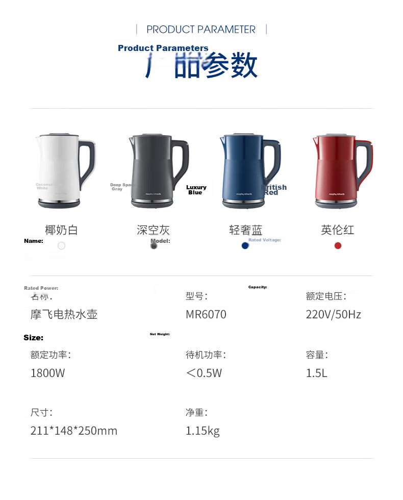 Morphyrichards Electric Kettle, Household Water Boiler, 1.5L Stainless Steel 304 Double-Layer Anti-Scalding, Real-Time Temperature Display, Boiling Kettle MR6070 White 23