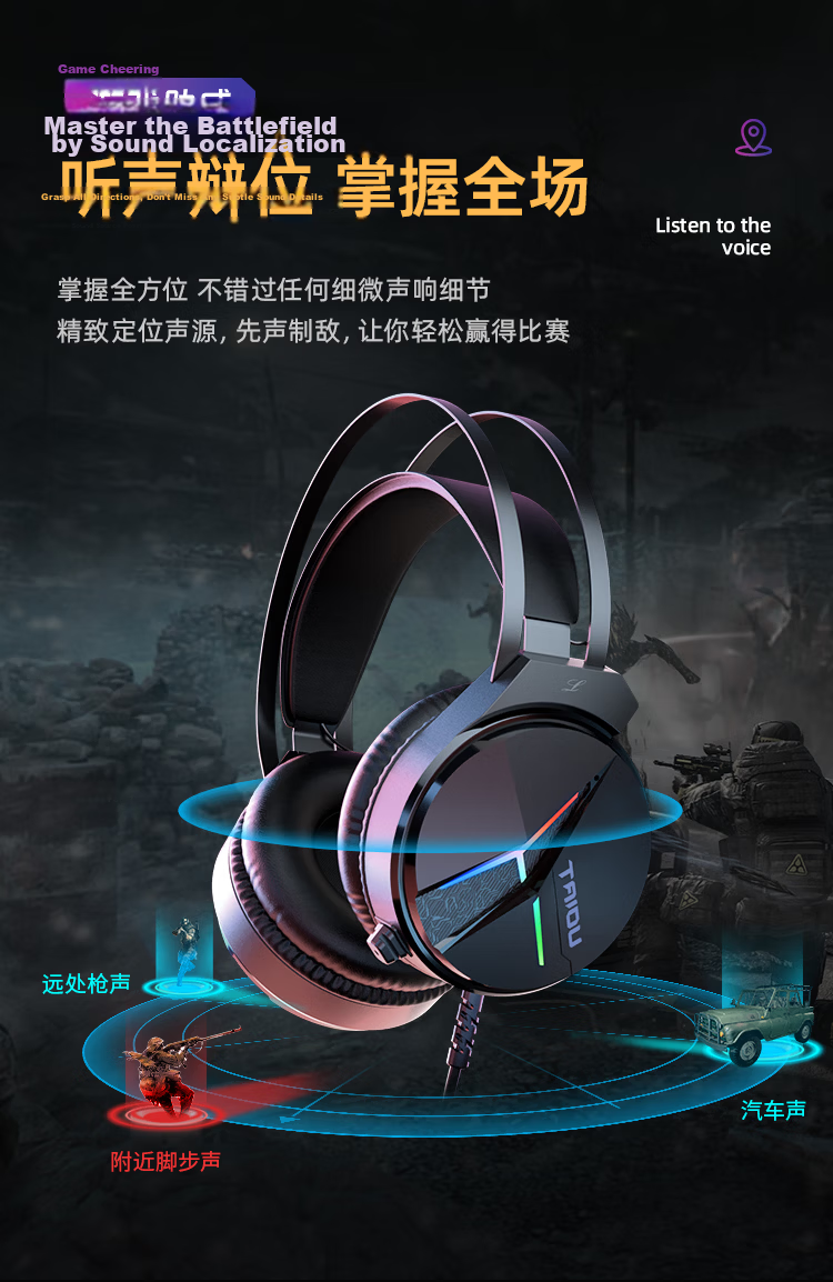 Taidu THS306 Phantom Dragon Eye Gaming Headset Wired USB 7.1 Surround Sound Wing-style Headband PUBG Delta Operation White Blue 9