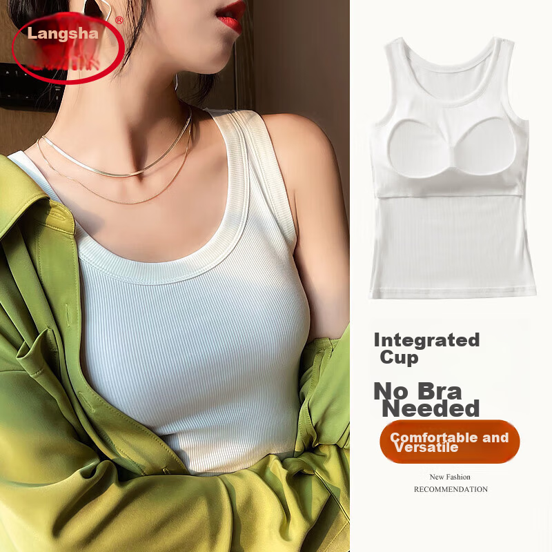 Langsha Women's Camisole with Chest Pad, No-Bra Required, 10A Antibacterial, Wearable Outerwear and Inner Layer, Sports Ribbed Tank Top