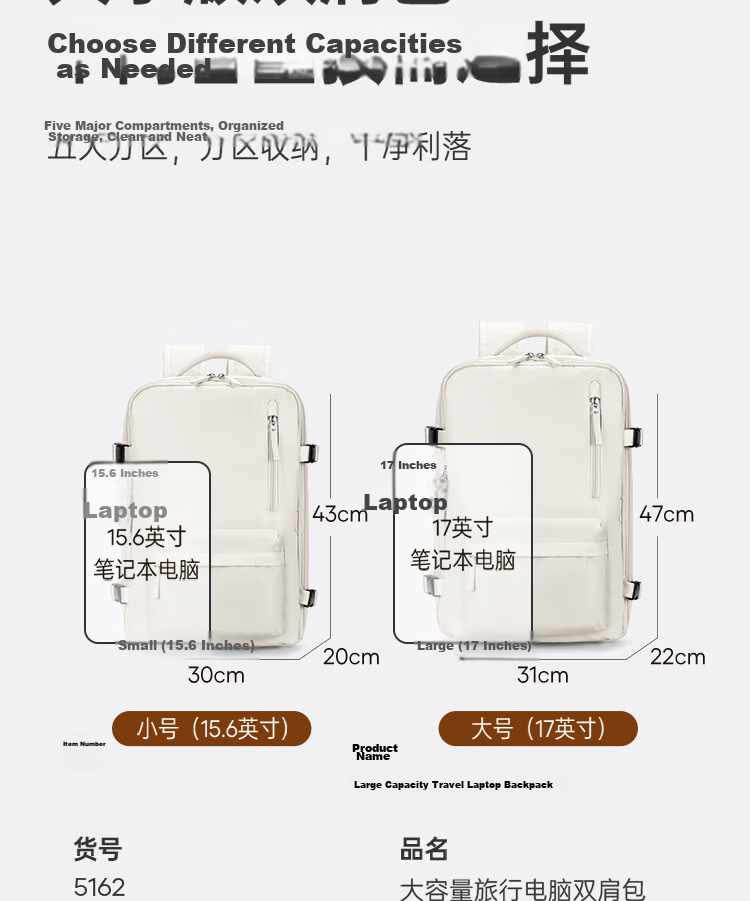 Landcase Backpack Travel Bag Women Large Capacity Double Shoulder Bag Men Short Trip Multi-functional Laptop Bag 5162 Beige Small Size 16