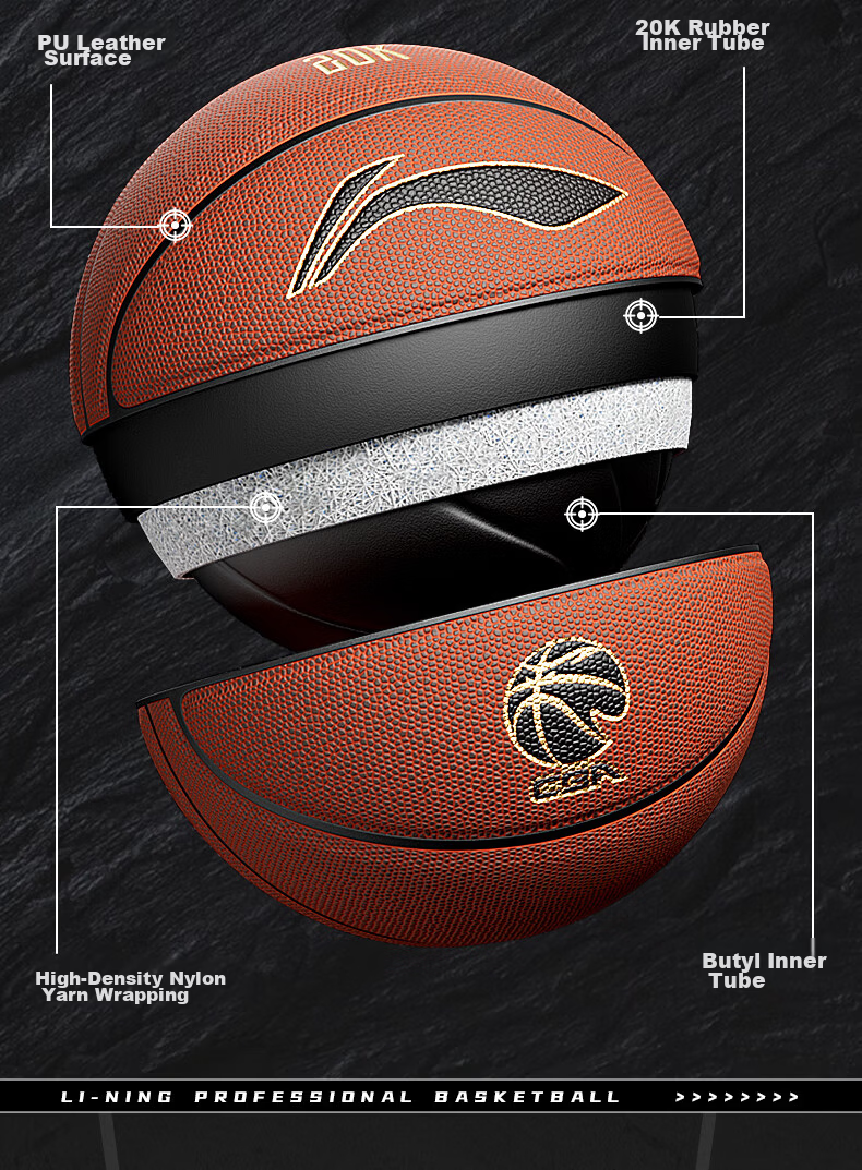 Li-Ning Basketball Adult Size 7 PU Indoor Outdoor Wear-Resistant Professional CBA Game Training Ball for Students and Youth 967 12