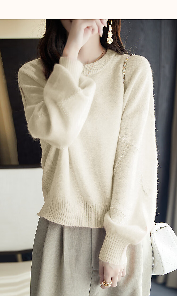 Dme Elegant Winter Round Neck Long Sleeve Sweater for Women with Beaded Jacquard Design, Fashionable Knit Top, Light Pink, Size S 13