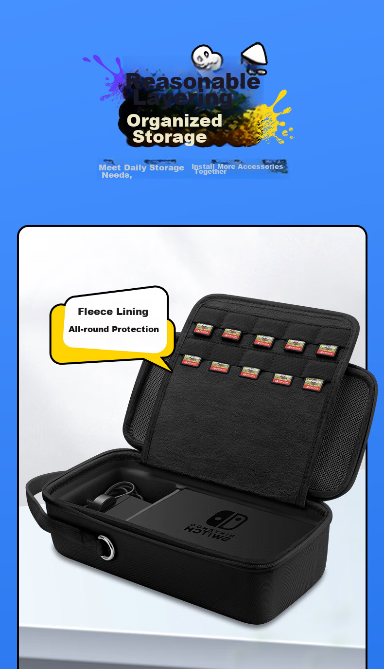 BUBM Switch Storage Case, NS Game Console Protective Cover, OLED Large Capacity Storage Box, Lite Charging Dock, Controller Strap Storage, Includes Joy-Con Caps, Splatoo 3