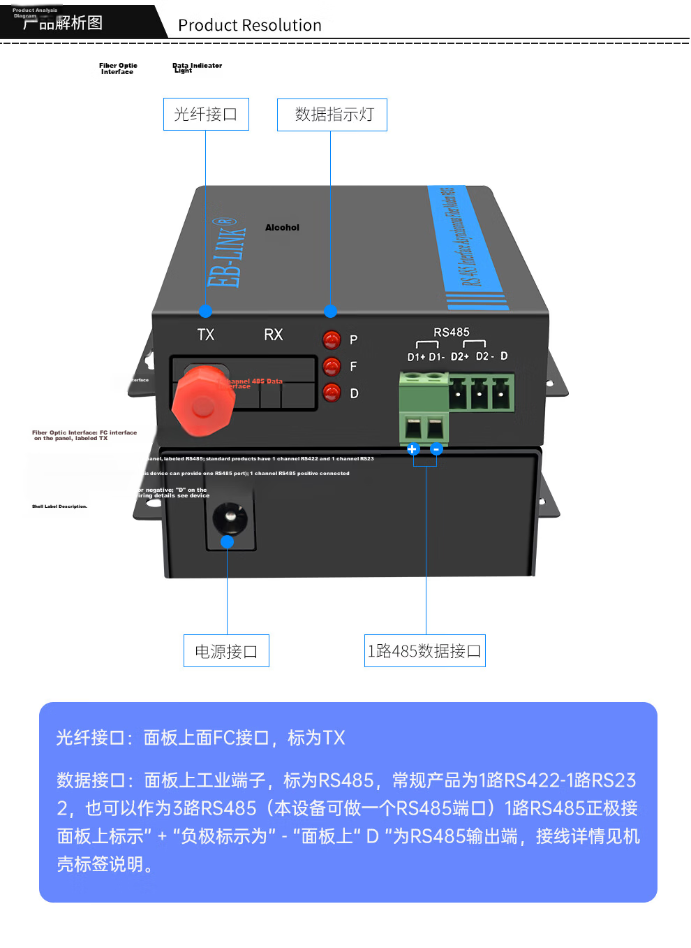 EB-LINK RS485 Data Fiber Optic Extender Industrial Serial Port Control Optical Modem Bidirectional 485 to Fiber Optic Transceiver Optical-Electrical Converter 5