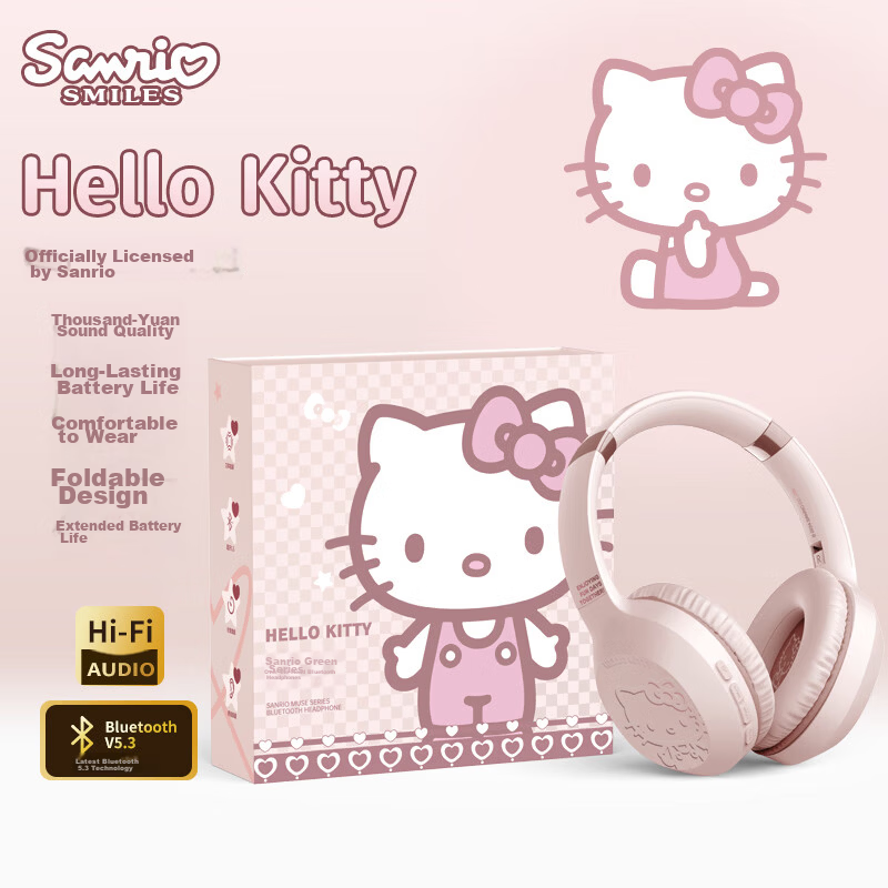 Chenfeng Sanrio Hello Kitty Wireless Over-Ear Bluetooth Headphones Long Battery Life High-Quality Student Birthday Gift for Girls S05 Pink KT Cat